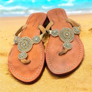 Tommy Bahama size 6  leather gold turquoise rhinestone sandal slipper